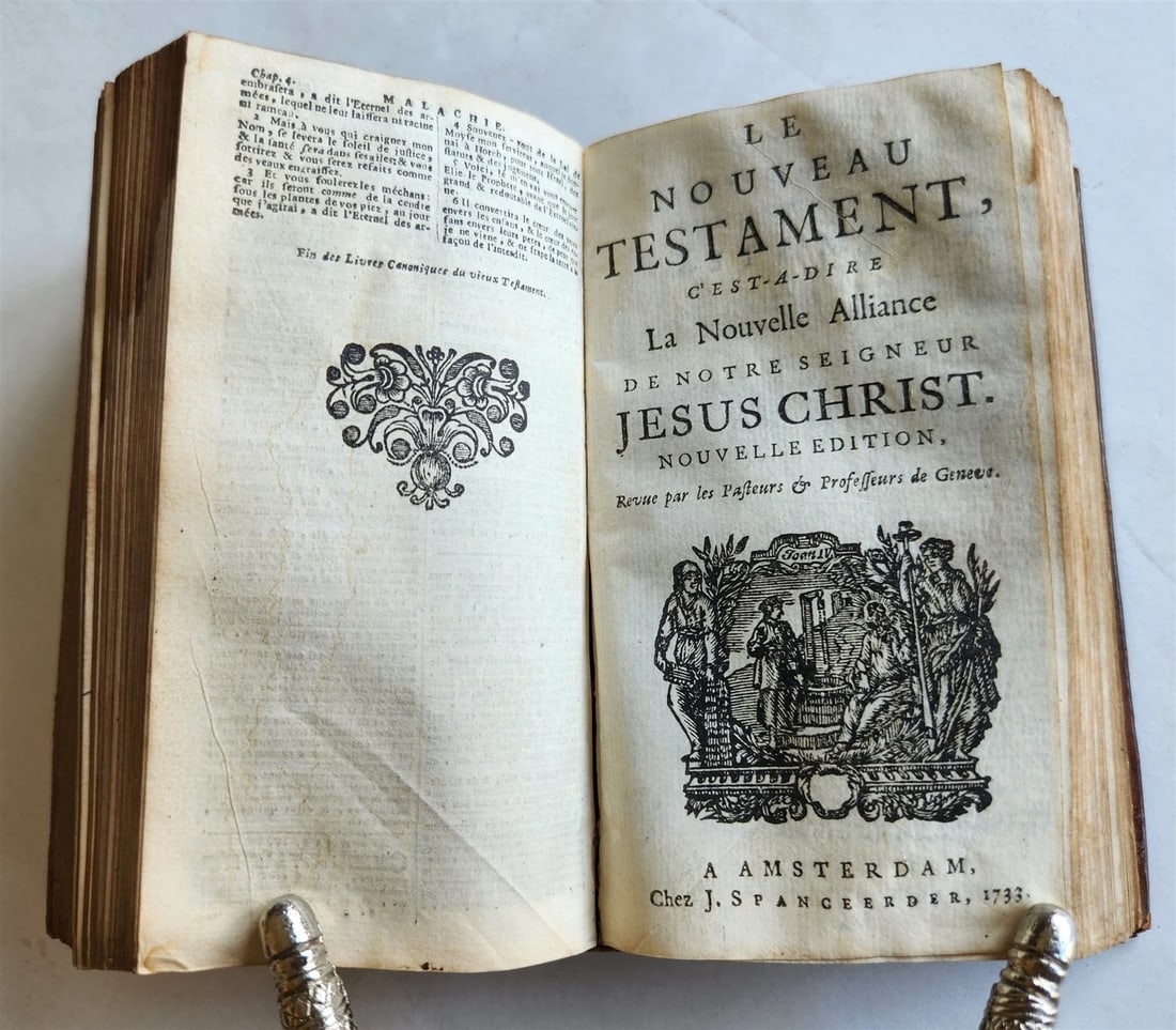 1733 BIBLE in FRENCH Old and New Testament DECORATIVE BINDING antique - 8