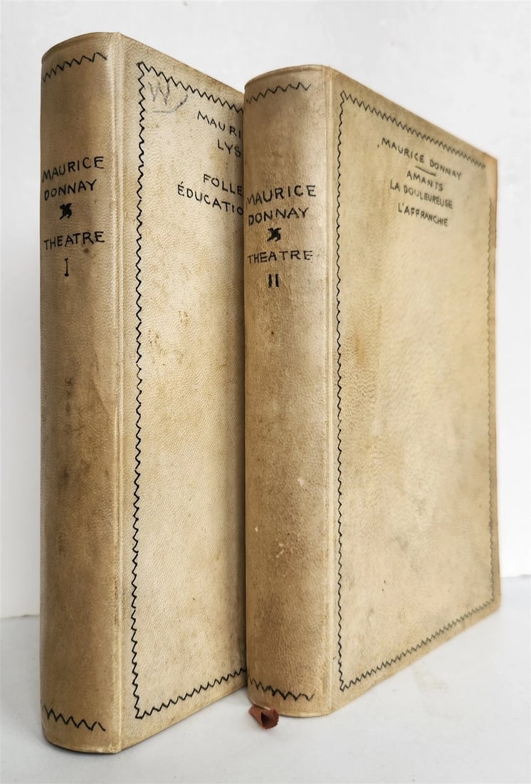 1908 THEATRE by MAURICE DONNAY 2 volumes VELLUM BOUND: Title: 1908 THEATRE by MAURICE DONNAY 2 volumes VELLUM BOUND Description: THEATRE by MAURICE DONNAY 2 volumes Paris; 1908 Full vellum bindings, decorated by hand size: 5 by 7.5" Good condition Text