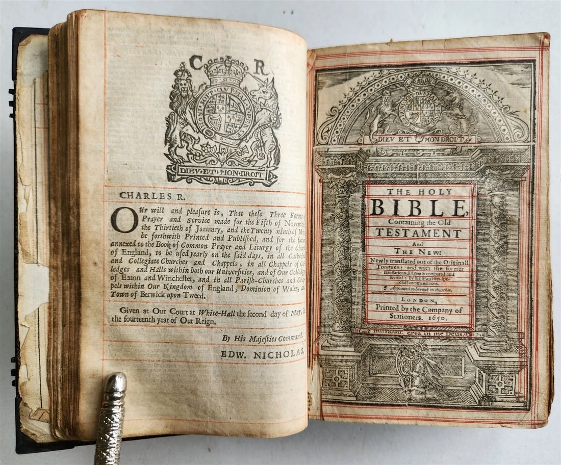 1650 BIBLE in ENGLISH antique FINE ORIGINAL BINDING w/ SILVER CORNER PIECES - 3