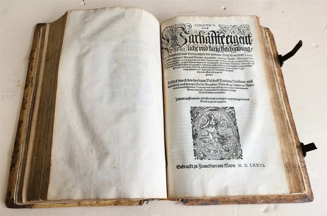 1576 ILLUSTRATED CHRONICLE pigskin bound folio ANTIQUE history & travel 15th C. - 11
