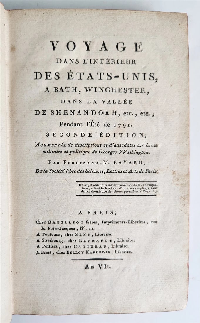 1793 TRAVEL to AMERICA antique Voyage dans lâ€™Interieur des Etats-Unis in FRENCH: Title: 1793 TRAVEL to AMERICA antique Voyage dans lâ€™Interieur des Etats-Unis in FRENCH Description: BAYARD, Ferdinand M[arie]. Voyage dans l’Interieur des Etats-Unis, a Bath,