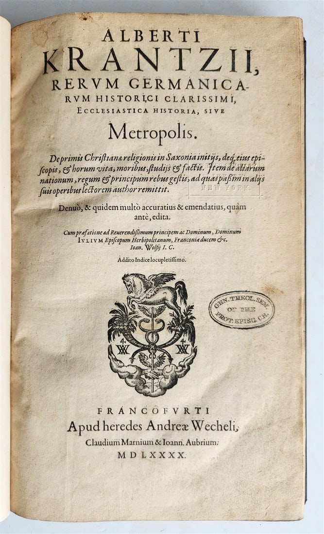 1590 CHURCH HISTORY of LOWER SAXONY in LATIN antique 16th CENTURY FOLIO: Title: 1590 CHURCH HISTORY of LOWER SAXONY in LATIN antique 16th CENTURY FOLIO Description: Ecclesiastica historia, sive Metropolis. by A. Krantz Frankfurt am Main, for Wechel Heirs; 1590 With