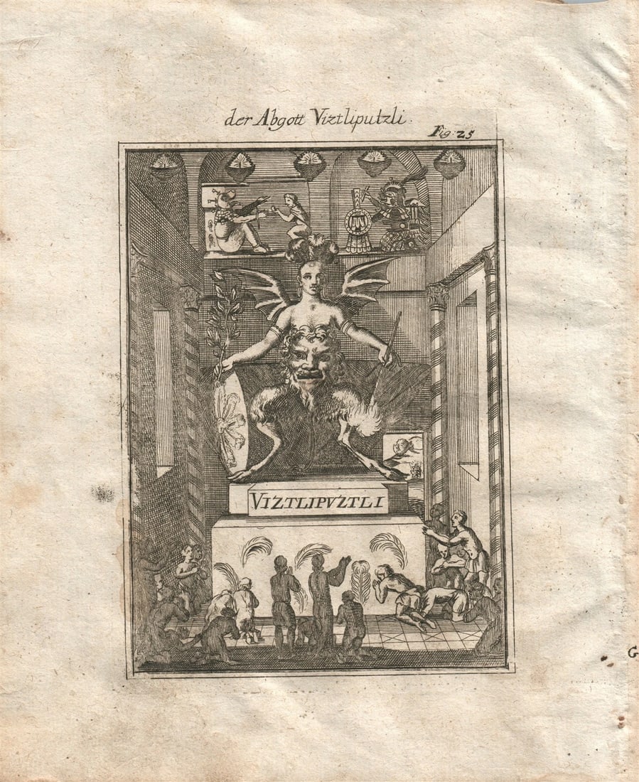 1719 VIZTLIPUZTLI plate 25 from Beschreibung Des gantzen Welt-Kreises: Title: 1719 VIZTLIPUZTLI plate 25 from Beschreibung Des gantzen Welt-Kreises Description: Plate 25 : VIZTLIPUZTLI engraving from German edition of "Description of entire world" Beschreibung Des