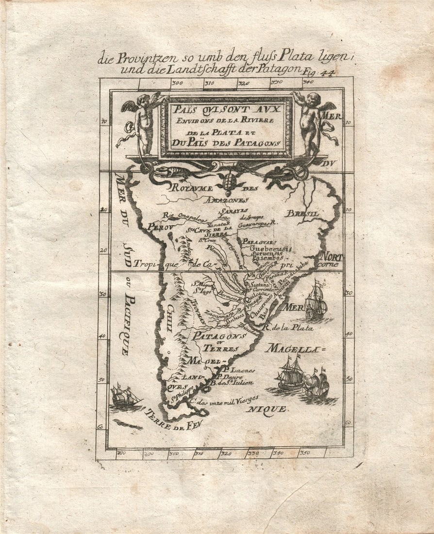1719 SOUTH AMERICA MAP plate 44 from Beschreibung Des gantzen Welt-Kreises: Title: 1719 SOUTH AMERICA MAP plate 44 from Beschreibung Des gantzen Welt-Kreises Description: Plate 44 : SOUTH AMERICA "LA PLATA ET DU PAIS DES PATAGONS" engraving from German edition of