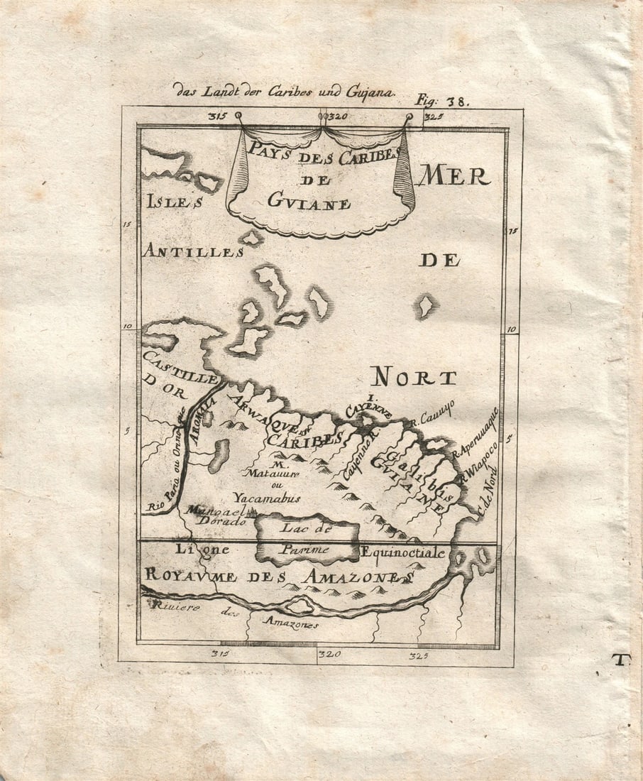 1719 FRENCH GUIANA MAP plate 38 from Beschreibung Des gantzen Welt-Kreises: Title: 1719 FRENCH GUIANA MAP plate 38 from Beschreibung Des gantzen Welt-Kreises Description: Plate 38 : FRENCH GUIANA "PAYS DES CARIBES de GUIANE" engraving from German edition of "Description of