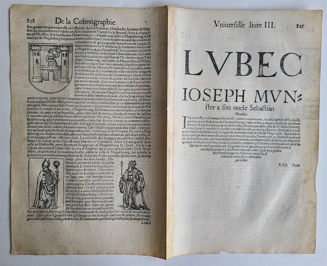 1575 LUBECK GERMANY view LEAF - BELLEFOREST ED. of MUNSTER COSMOGRAPHY antique - 2