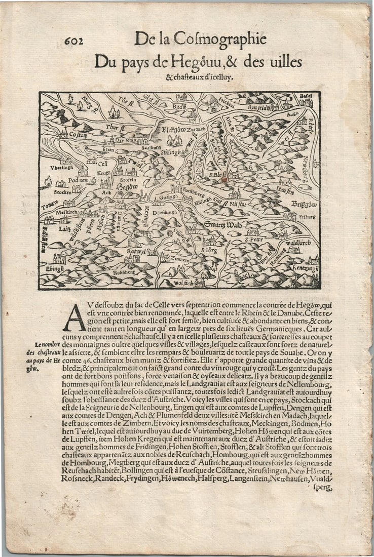 1575 SWITZERLAND MAP LEAF from BELLEFOREST EDITION of MUNSTER COSMOGRAPHY: Title: 1575 SWITZERLAND MAP LEAF from BELLEFOREST EDITION of MUNSTER COSMOGRAPHY Description: Francois de Belleforest (1530 – 1583) Rare SWITZERLAND MAP LEAF from 1575 Belleforest revised French