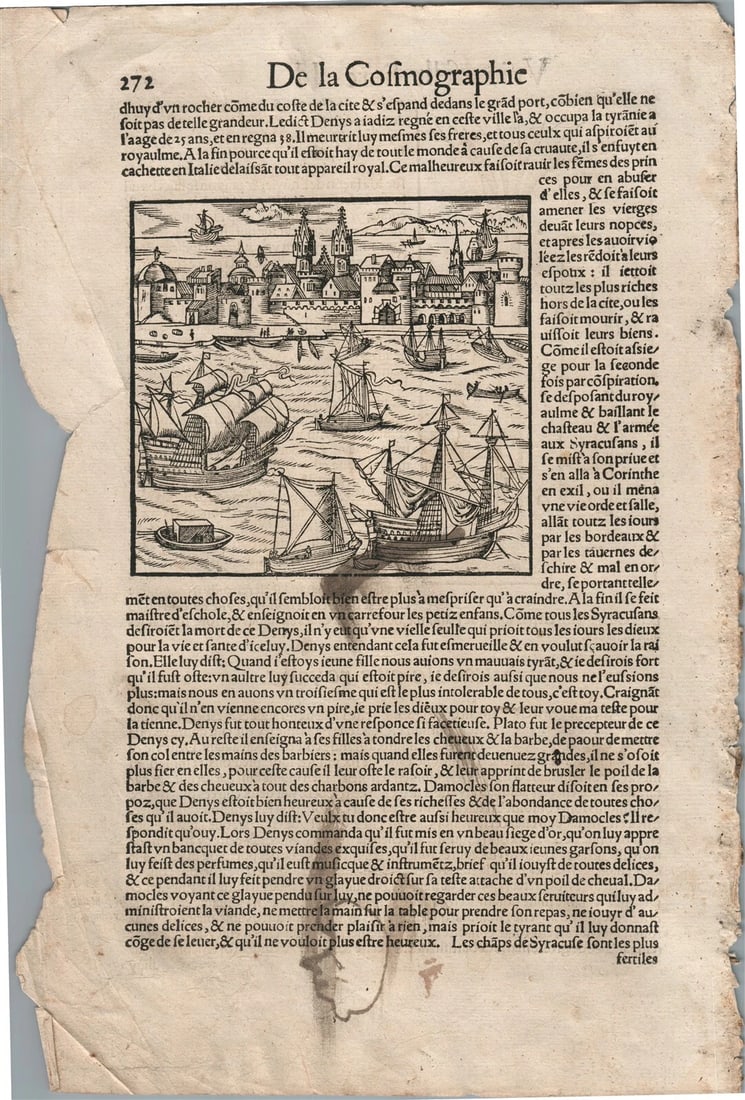 1575 SYRACUSE ITALY VIEW LEAF from BELLEFOREST EDITION of MUNSTER COSMOGRAPHY: Title: 1575 SYRACUSE ITALY VIEW LEAF from BELLEFOREST EDITION of MUNSTER COSMOGRAPHY Description: Francois de Belleforest (1530 – 1583) Rare view of SYRACUSE, ITALY from 1575 Belleforest revised