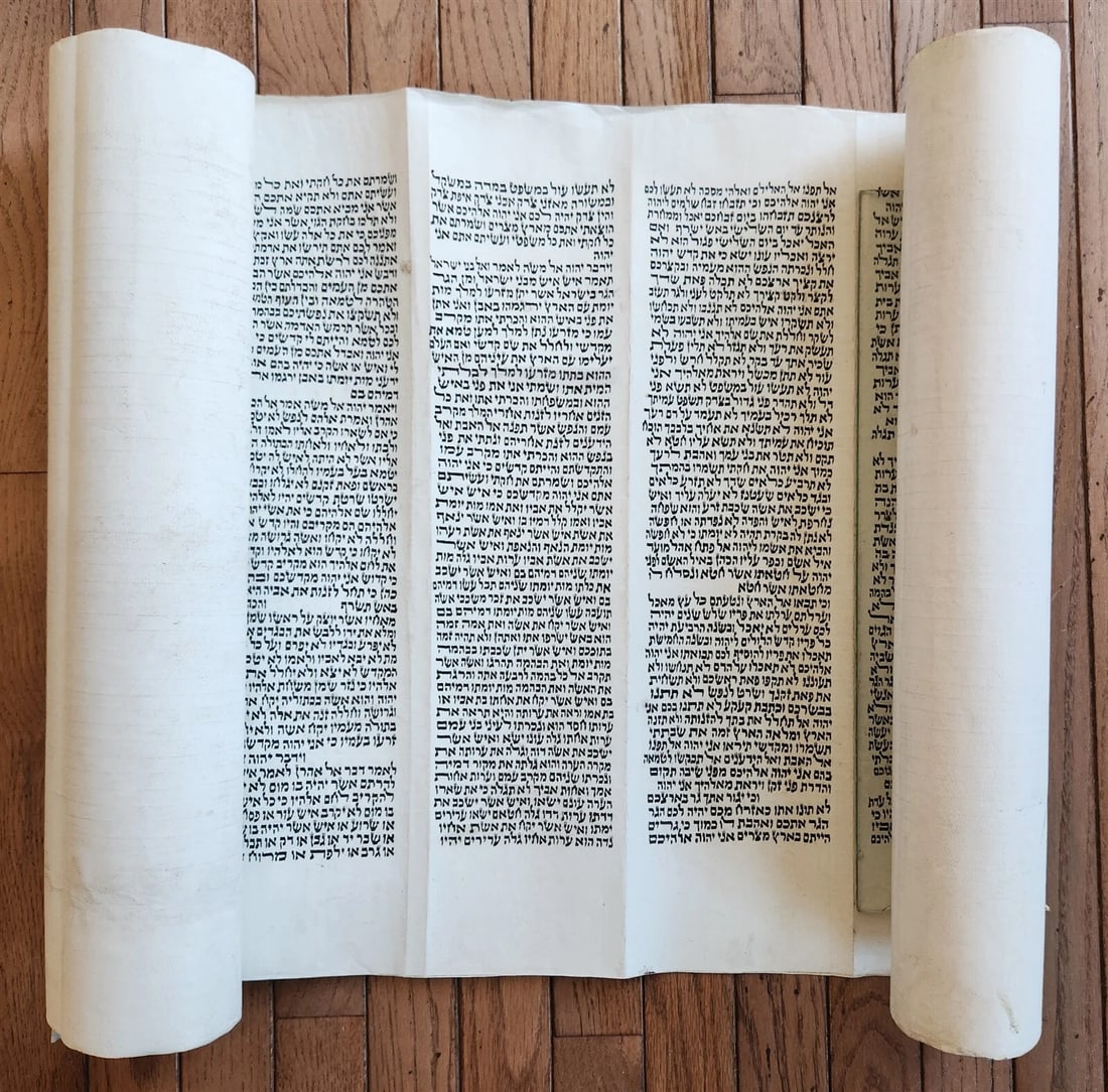 TORAH SCROLL FRAGMENT MANUSCRIPT on VELLUM antique BIBLE LEVITICUS 16:12 - 23:40: Title: TORAH SCROLL FRAGMENT MANUSCRIPT on VELLUM antique BIBLE LEVITICUS 16:12 - 23:40 Description: Size 21.5 by 49" LEVITICUS 16:12 - 23:40 Leviticus 16 is an important text in the book of Leviticus