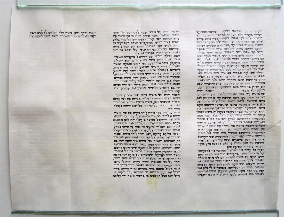 TORAH SCROLL FRAGMENT MANUSCRIPT VELLUM ANTIQUE BIBLE EXODUS 16:17-18:12: Title: TORAH SCROLL FRAGMENT MANUSCRIPT VELLUM ANTIQUE BIBLE EXODUS 16:17-18:12 Description: Size 14 x 17.5" EXODUS 16:17-18:12 In Exodus 16:17-18, the Israelites gather manna according to their needs