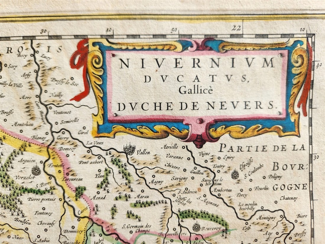 1640 MAP of NEVERS REGION FRANCE by WILLEM BLAEU antique AUTHENTIC hand colored - 2
