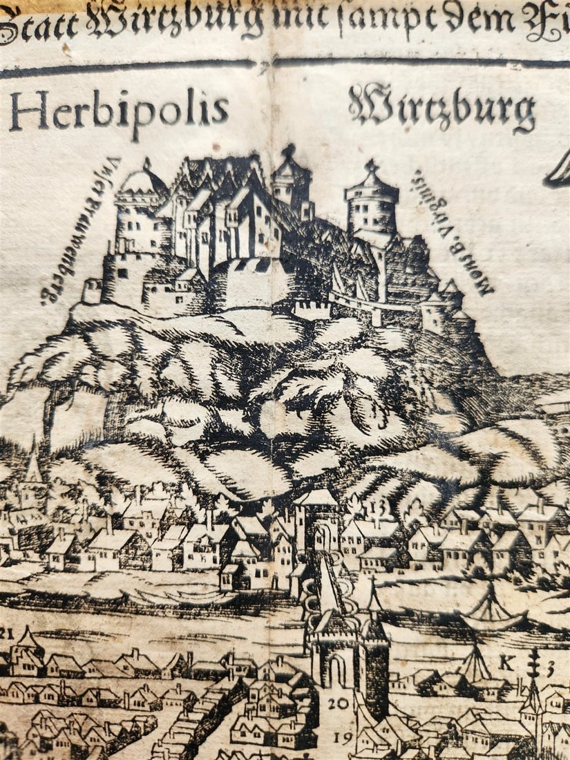 1572 WURZBURG GERMANY HERBIPOLIS MAP from SEBASTIEN MUNSTER COSMOGRAPHY antique - 2