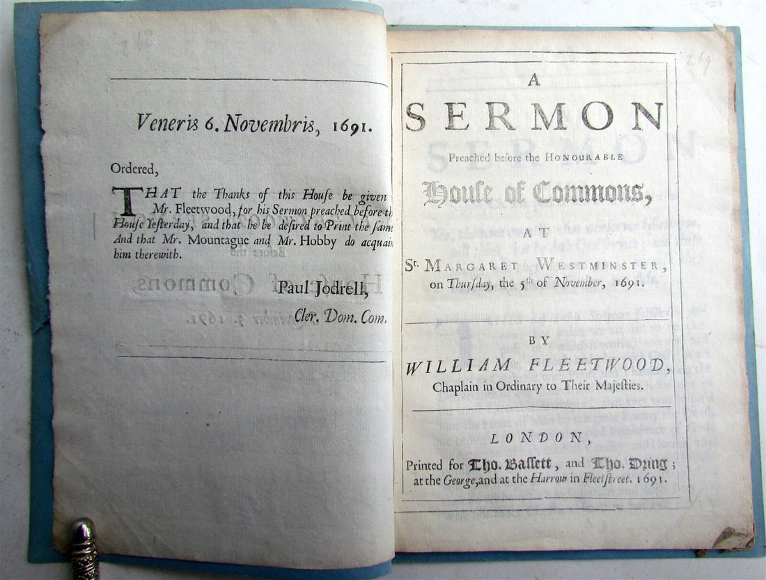 1691 Mr. FLEETWOOD SERMON PREACHED before HOUSE of COMMONS antique in ENGLISH - 2