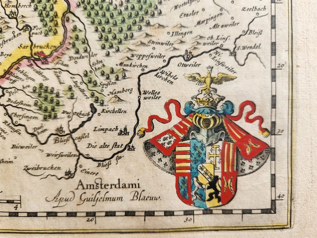 1640 MAP LOTHARINGIA LORRAINE FRANCE WILLEM BLAEU antique AUTHENTIC hand colored - 2
