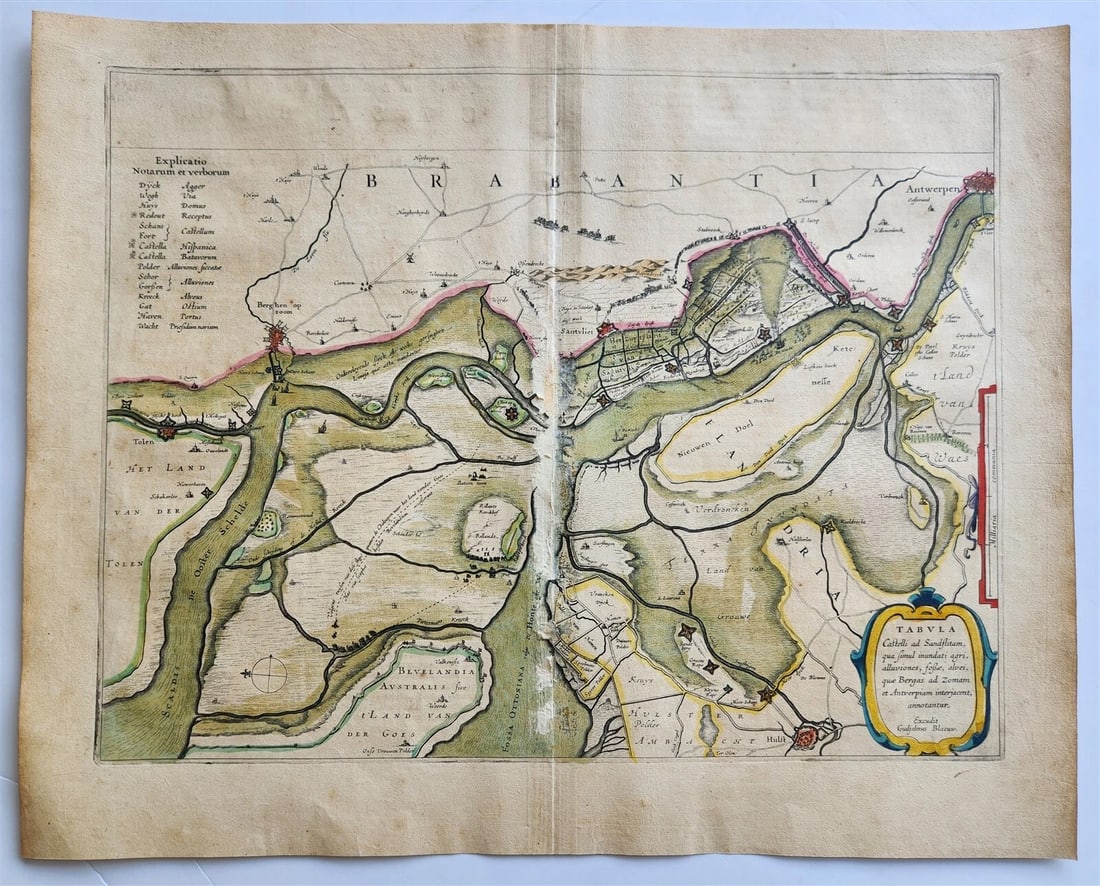 1640 Brabant Leuven BELGIUM MAP by WILLEM BLAEU antique AUTHENTIC hand colored: Title: 1640 Brabant Leuven BELGIUM MAP by WILLEM BLAEU antique AUTHENTIC hand colored Description: MAP of ANTWERP Tabula castelli ad Sandslitam, qua simul inundati agri, alluviones, fossae, alvei,