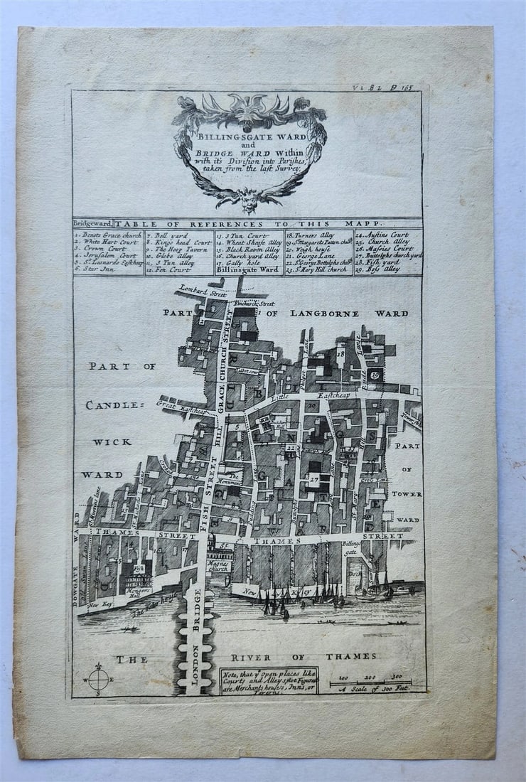 1754 MAP of LONDON antique BILLINGSGATE WARD and BRIDGE WARD: Title: 1754 MAP of LONDON antique BILLINGSGATE WARD and BRIDGE WARD Description: BILLINGSGATE WARD and BRIDGE WARD WITHIN with its division into parishes, taken from the last survey [London; 1754]