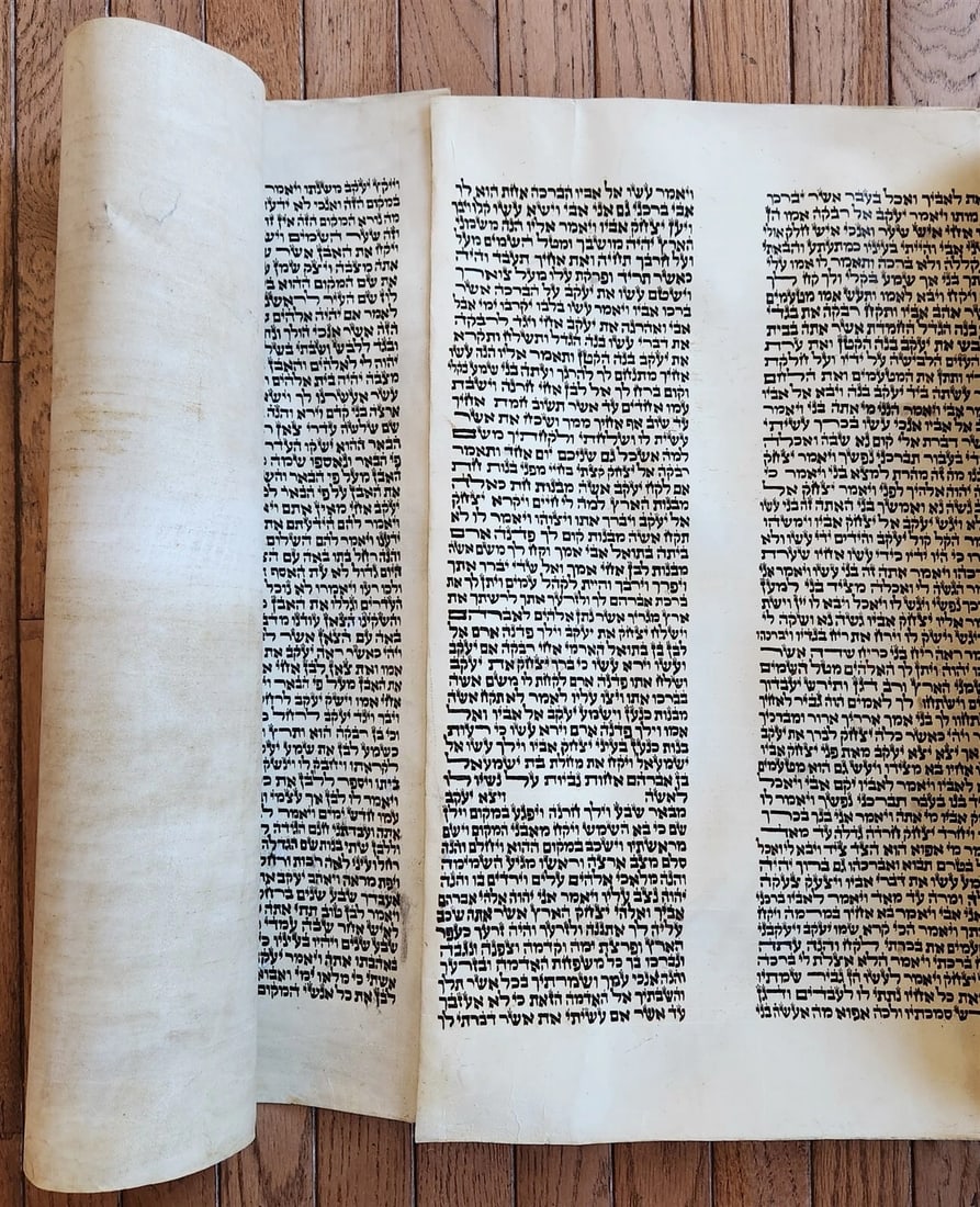 TORAH SCROLL FRAGMENT MANUSCRIPT on VELLUM antique BIBLE GENESIS 24:64 - 31:1: Title: TORAH SCROLL FRAGMENT MANUSCRIPT on VELLUM antique BIBLE GENESIS 24:64 - 31:1 Description: Size 23 by 58" GENESIS 24:64 - 31:1 24 it is Isaac who discovers that God was not only faithful to Abr
