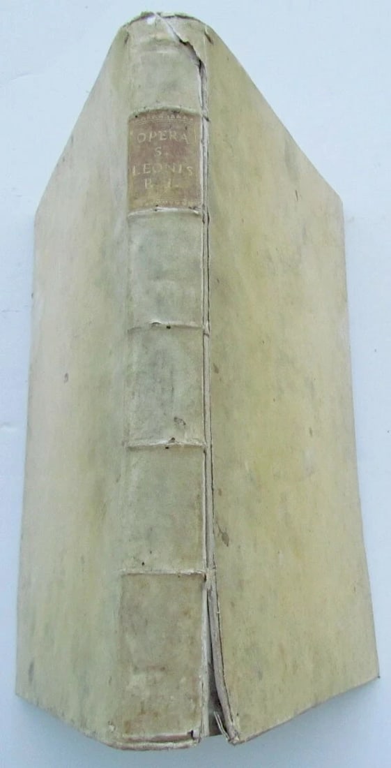 1753 ANTIQUE VELLUM BOUND FOLIO S. LEONIS MAGNI PAPAE PRIMI OPERA OMNIA: Title: 1753 ANTIQUE VELLUM BOUND FOLIO S. LEONIS MAGNI PAPAE PRIMI OPERA OMNIA Description: S. LEONIS MAGNI PAPAE PRIMI OPERA OMNIA AD MANUSCRIPTOS CODICES EMENDATA NOVIS MONUMENTIS AUCTA. Rome: