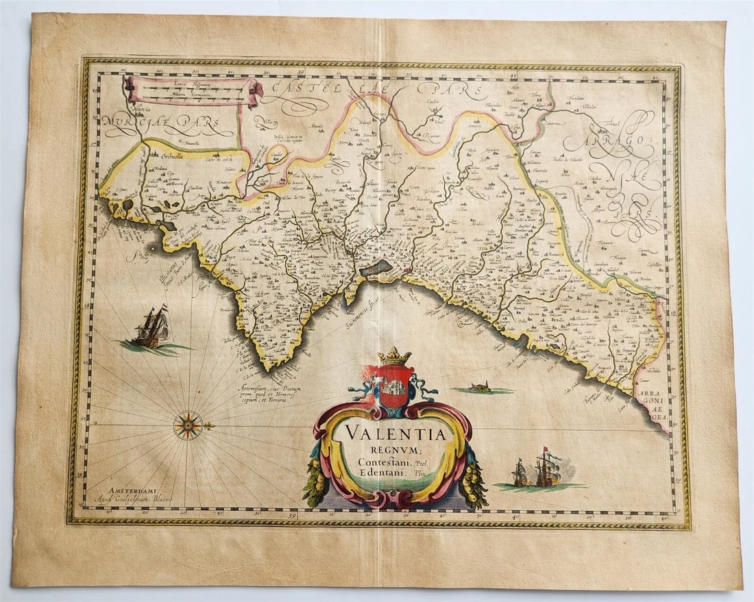 1640 MAP of VALENTIA SPAIN by WILLEM BLAEU antique AUTHENTIC hand colored (1 of 5)