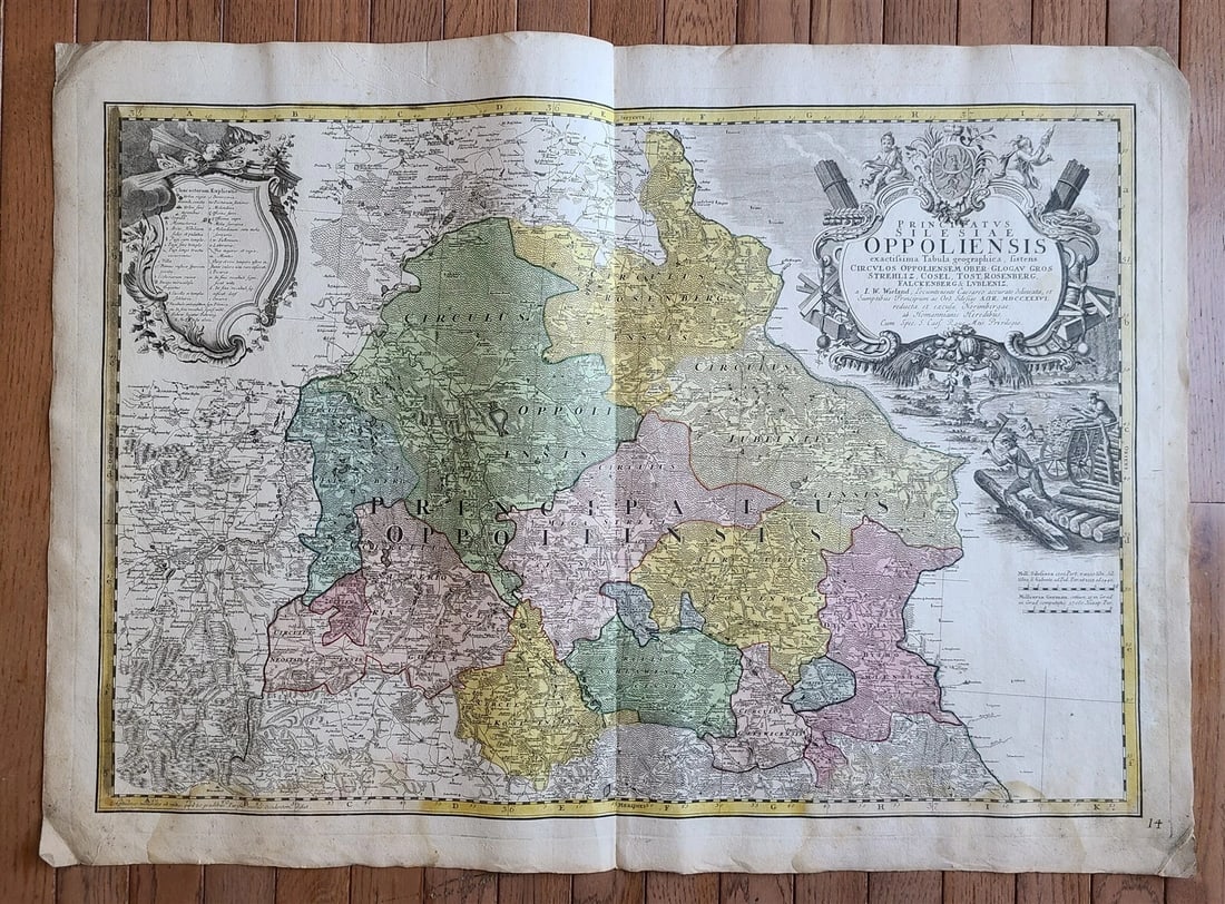 1736 LARGE MAP OF SILESIA POLAND OPPOLIENSIS antique 25 x 4 3/4": Title: 1736 LARGE MAP OF SILESIA POLAND OPPOLIENSIS antique 25 x 4 3/4" Description: Principatus Silesiae OPPOLIENSIS by HOMANN HEIRS Nuremberg, 1736 The land survey was done by J. W. Wieland, and