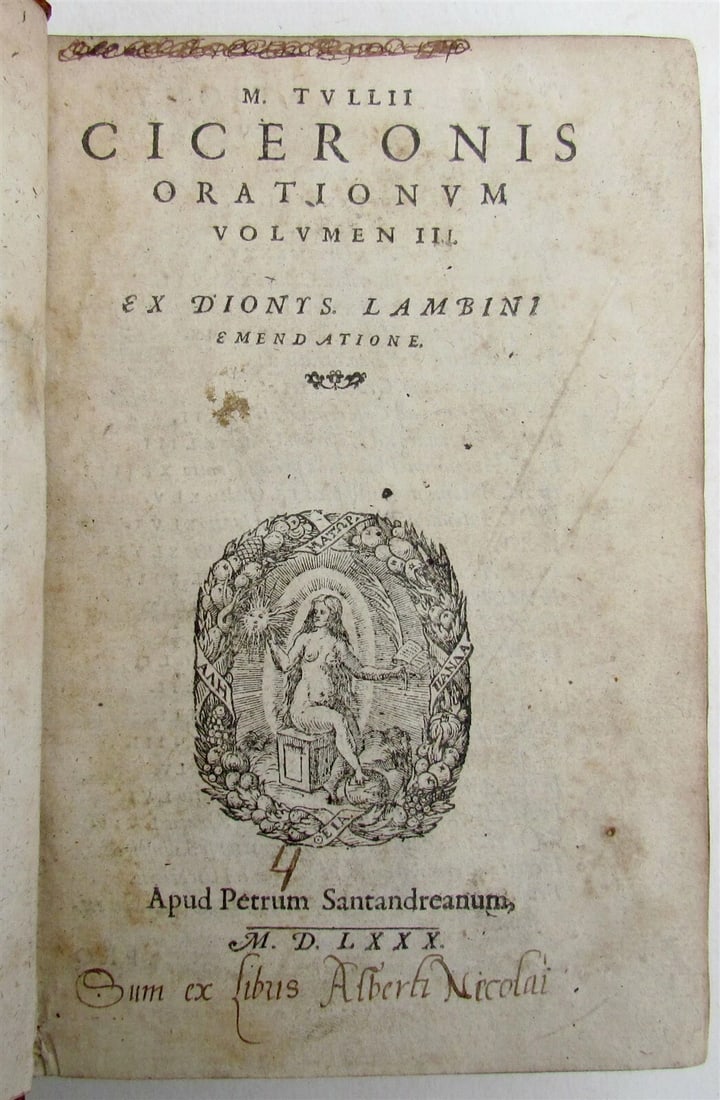 1580 CICERO ORATIONUM 16th CENTURY: Title: 1580 CICERO ORATIONUM 16th CENTURY Description: M. Tullii Ciceronis ORATIONUM Apud Petrum Santandreanum ; 1580 Size 4.5 by 6.5" Original leather binding . Some wear of binding, with damage to t