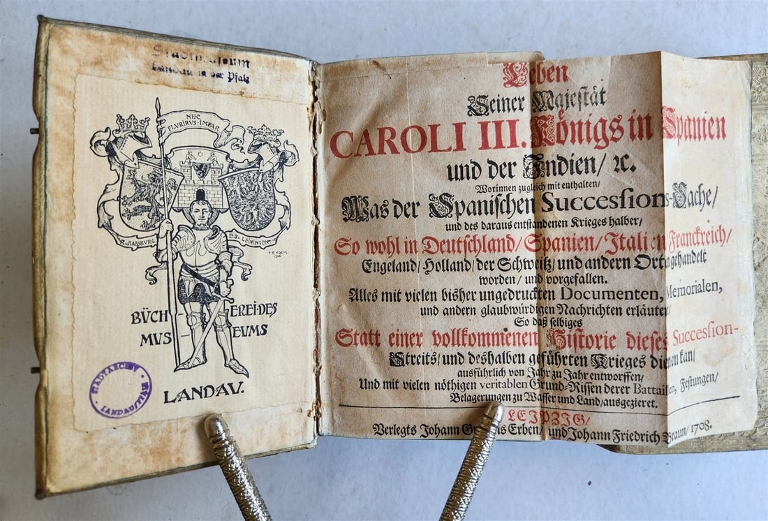 1708 LIFE of CAROLI KING of SPAIN & INDIES antique PIGSKIN BOUND ILLUSTRATED v.1 - 5