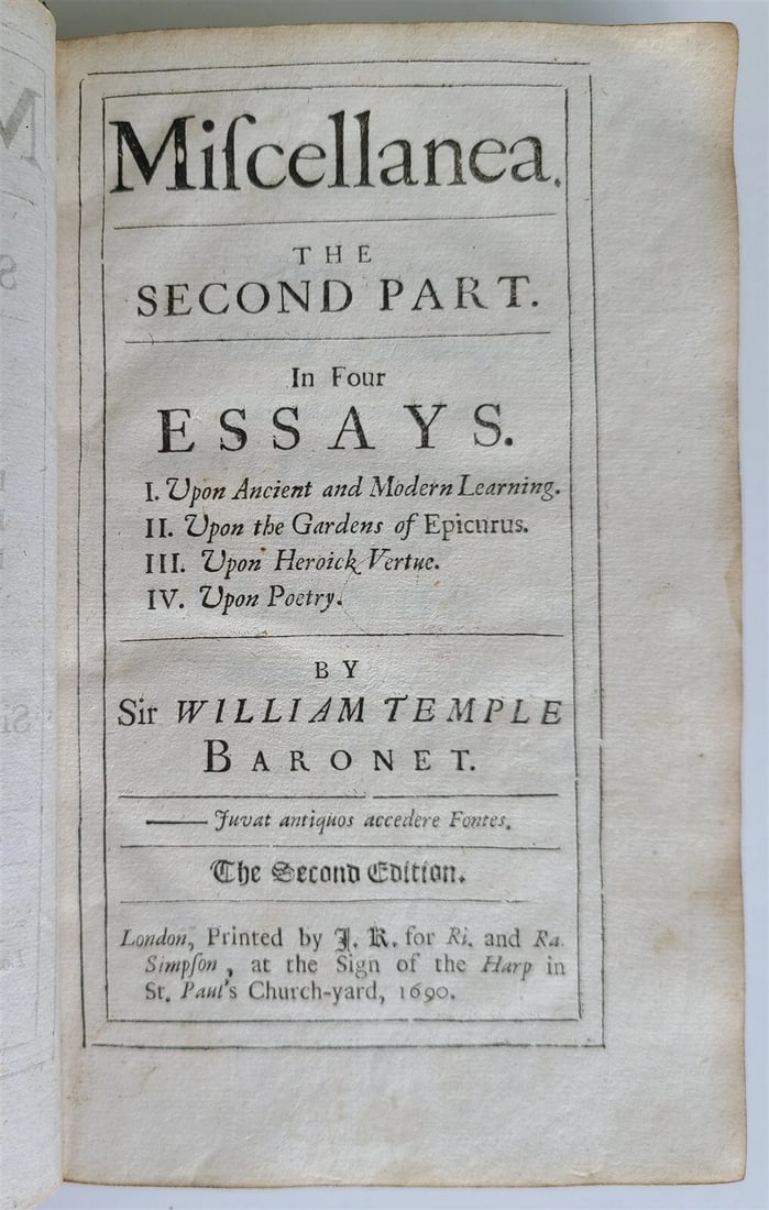 1690 MISCELLANEA. 2nd PART in 4 ESSAYS by Sir WILLIAM TEMPLE antique in ENGLISH (1 of 8)