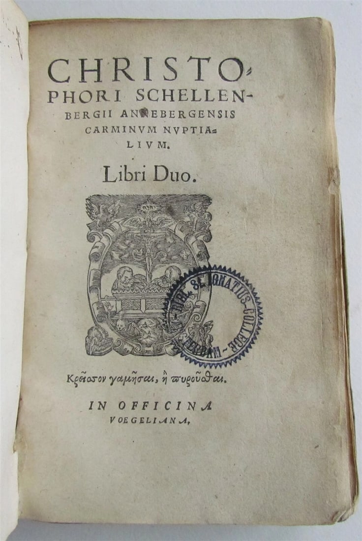 1565 POETRY Carminum nuptialium by Chr. Schellenberg ANTIQUE VELLUM 16th century: Title: 1565 POETRY Carminum nuptialium by Chr. Schellenberg ANTIQUE VELLUM 16th century Description: Carminum nuptialium libri duo. Size: 4 1/4 by 6 1/4" In Officina Voegeliana; [1565] ( not dated )