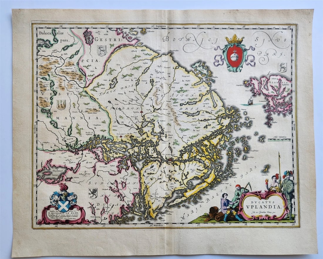 1640 SWEDEN UPPSALA STOCKHOLM MAP by WILLEM BLAEU antique AUTHENTIC hand colored (1 of 5)