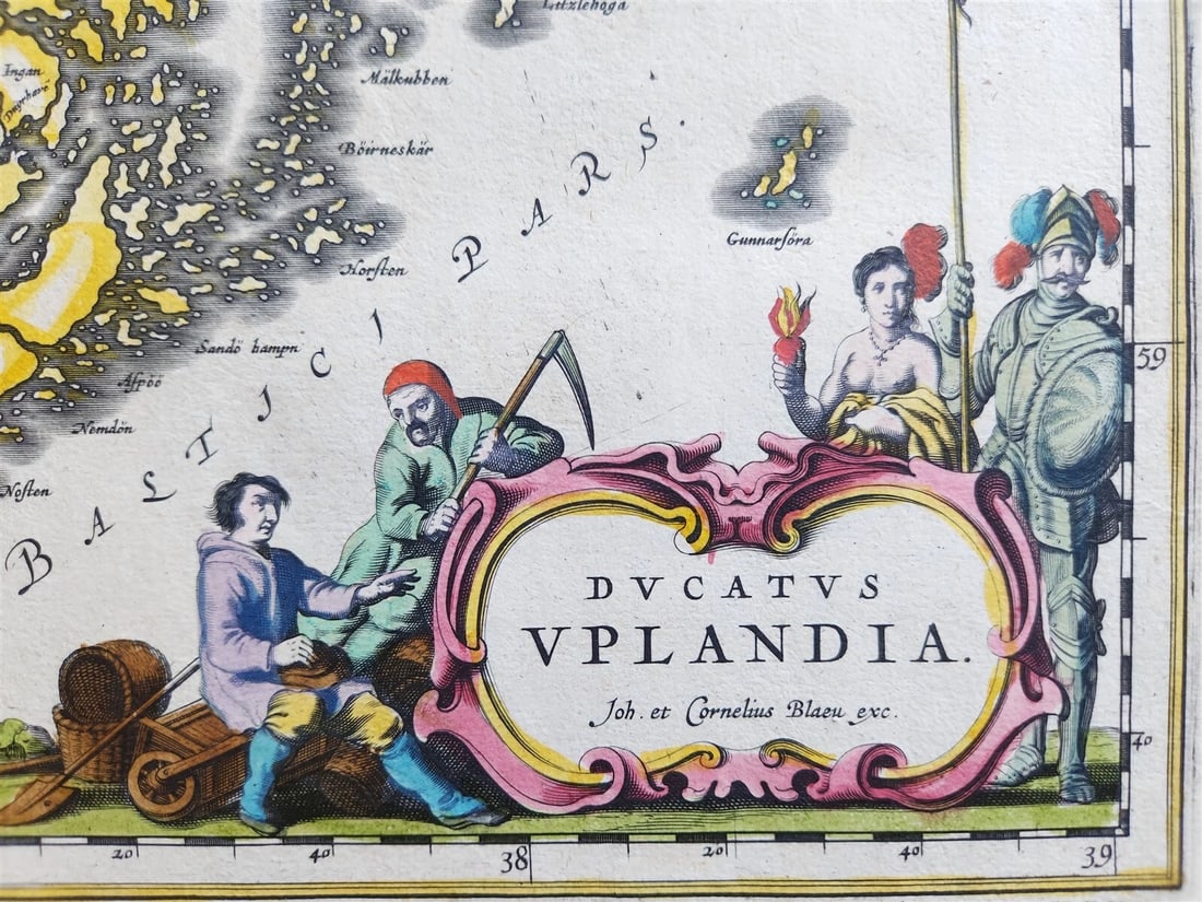 1640 SWEDEN UPPSALA STOCKHOLM MAP by WILLEM BLAEU antique AUTHENTIC hand colored - 2