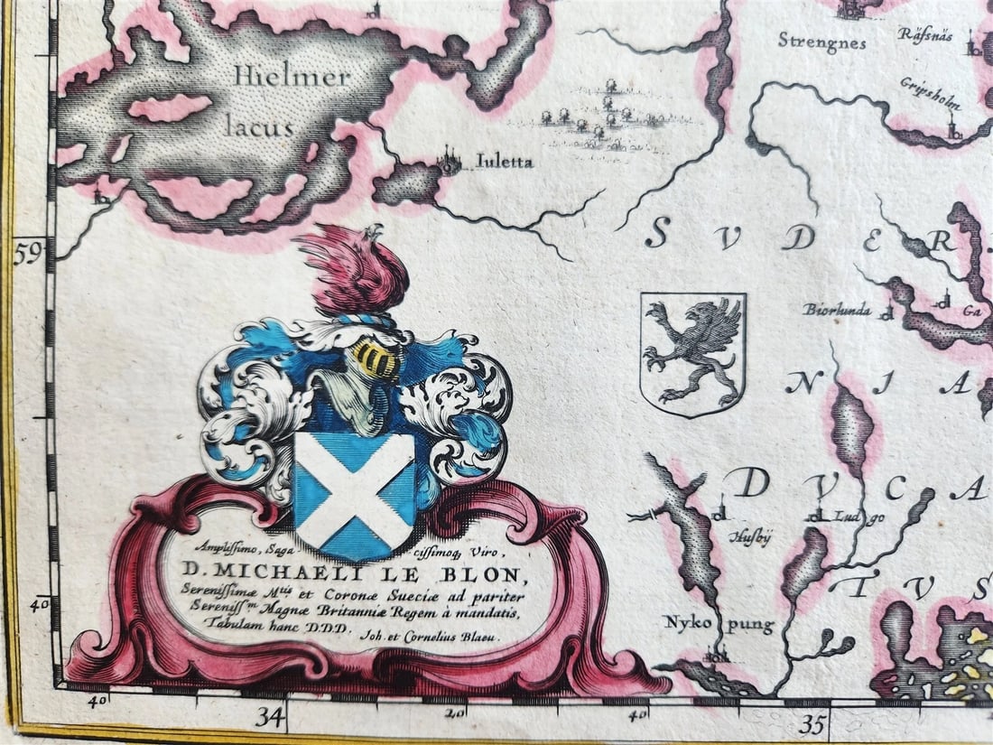 1640 SWEDEN UPPSALA STOCKHOLM MAP by WILLEM BLAEU antique AUTHENTIC hand colored - 3