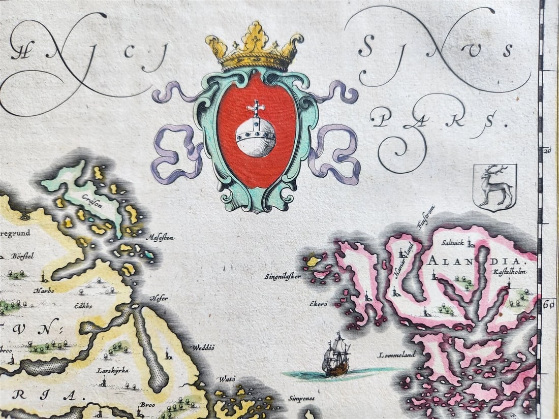 1640 SWEDEN UPPSALA STOCKHOLM MAP by WILLEM BLAEU antique AUTHENTIC hand colored - 4