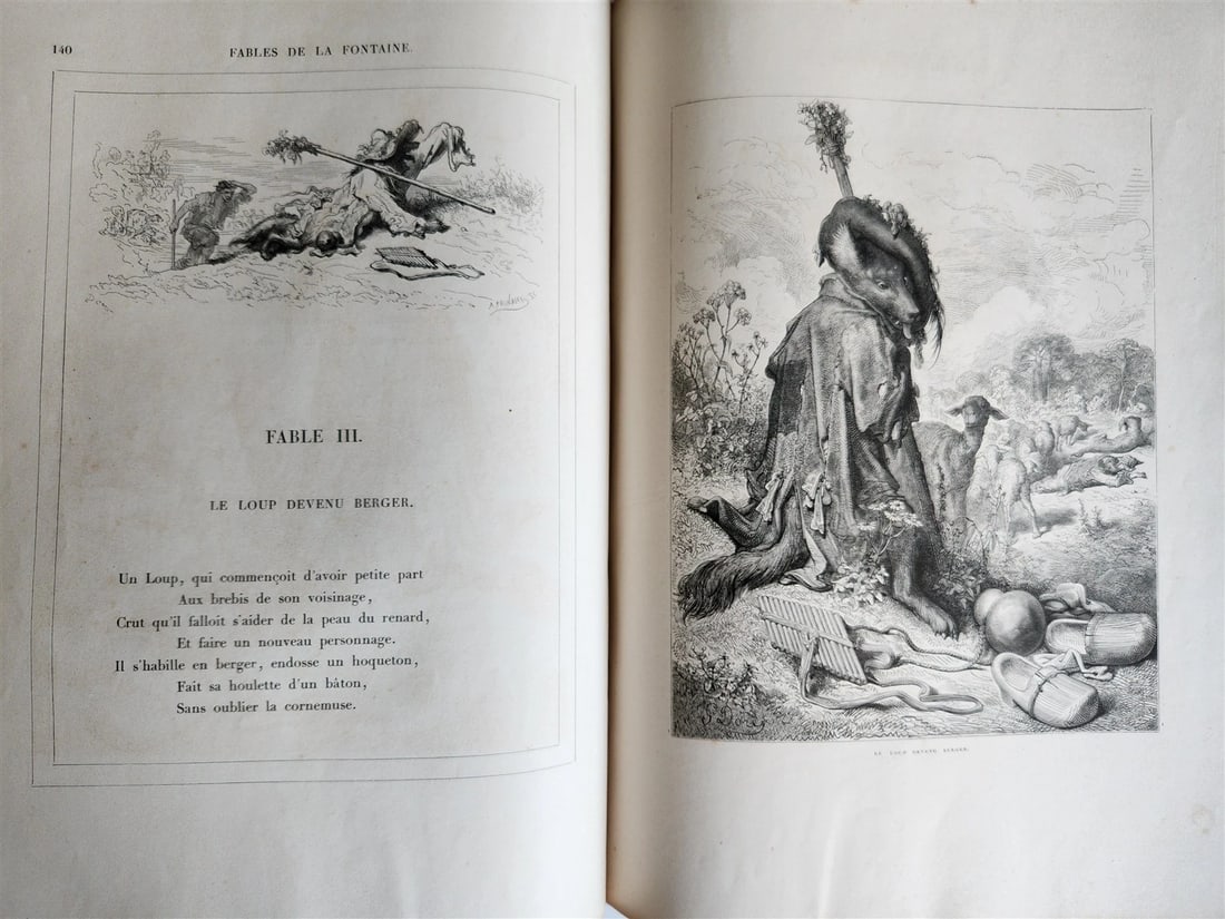 1868 FABLES by J. de LA FONTAINE illustrated by GUSTAVE DORE antique FOLIO - 20