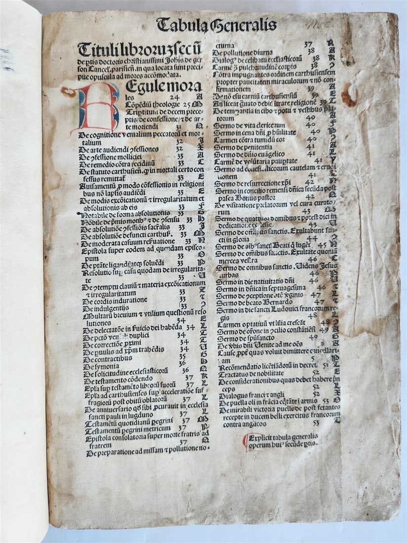 1489 INCUNABULA by JOHANNIS DE GERSON antique VELLUM BINDING OPERA MORALIA: Title: 1489 INCUNABULA by JOHANNIS DE GERSON antique VELLUM BINDING OPERA MORALIA Description: GERSON, JOHANNIS DE SECUNDA PARS COMPLETENS OPERA MORALIA. [Basel: Nicolaus Kesler]; 1489. Unfoliated. A8