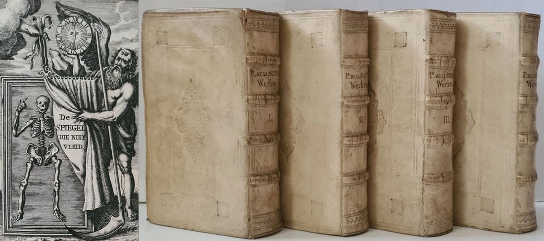 1666 THEOLOGY in DUTCH 4 VOLUMES ILLUSTRATED SET antique VELLUM BINDINGS: Title: 1666 THEOLOGY in DUTCH 4 VOLUMES ILLUSTRATED SET antique VELLUM BINDINGS Description: Jean Puget de la Serre 15 werken o.a de spiegel die niet vleid, De geneuchten des doods, Het graf der werel