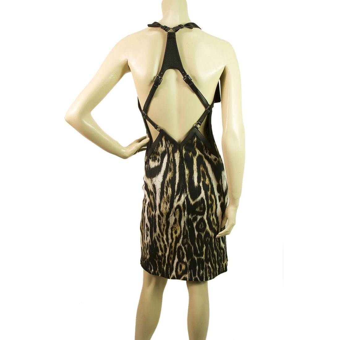 New Nwt Roberto Cavalli Animal Print Leather Straps Sexy Back Mini Dress sz 40 (1 of 7)