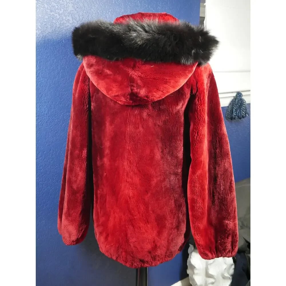 Gorgeous Scarlet Red Ombre Sheared Beaver & Black Fox Hooded Fur Coat Jacket - 3