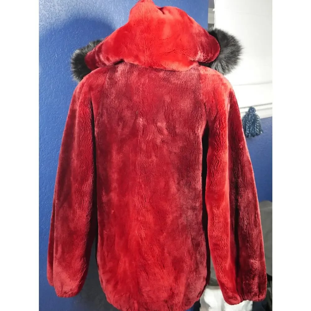 Gorgeous Scarlet Red Ombre Sheared Beaver & Black Fox Hooded Fur Coat Jacket - 4