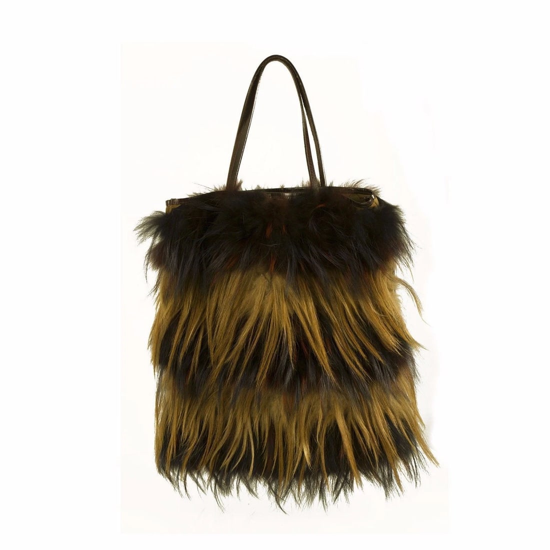 Fendi Long Hair Fox Stripped Fur Brown Leather Shoulder Bucket Tote Bag Handbag - 2