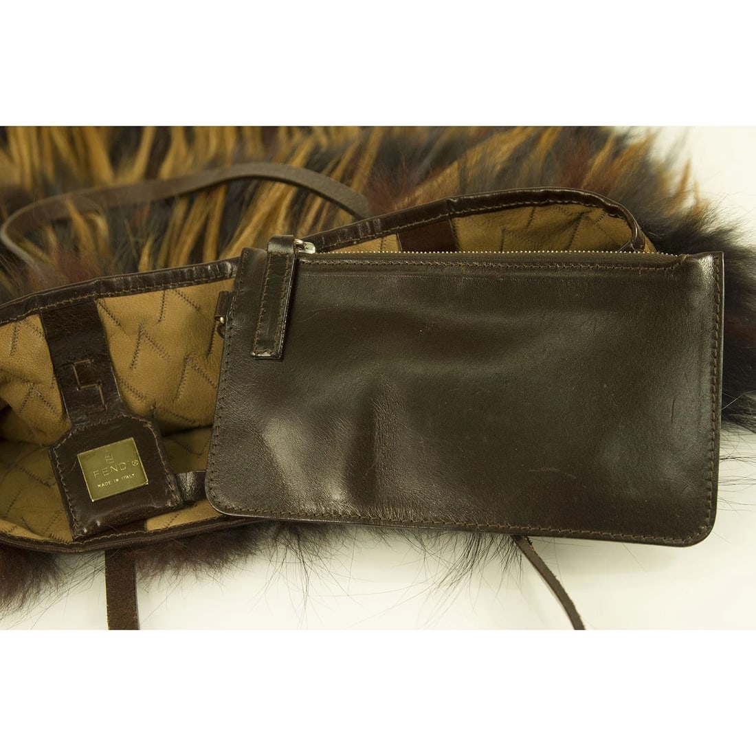 Fendi Long Hair Fox Stripped Fur Brown Leather Shoulder Bucket Tote Bag Handbag - 6