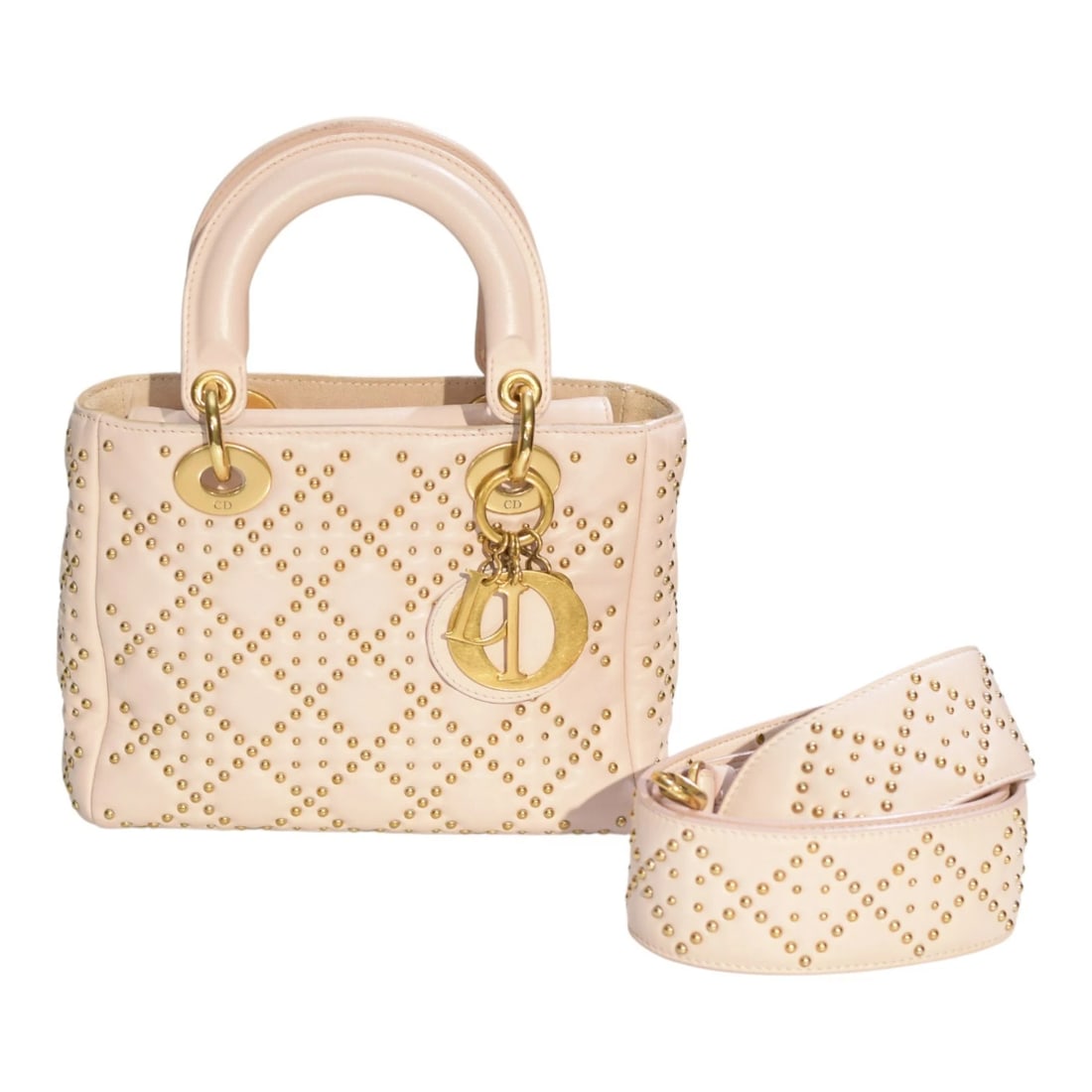 Christian Dior Mini Lambskin Cannage Studded Supple Lady Dior Satchel Wide Strap: Title:Christian Dior Mini Lambskin Cannage Studded Supple Lady Dior Satchel Wide Strap Description:Christian Dior Mini Lambskin Cannage Studded Supple Lady Dior Satchel Wide Strap Gold Hardware This a