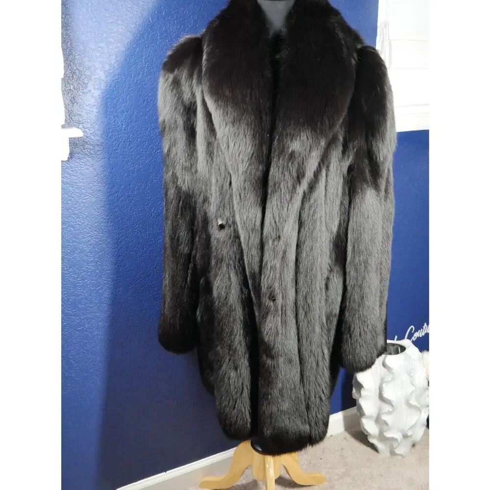 Amazing Men's Black Fox Fur Coat Jacket Unisex (1 of 5)