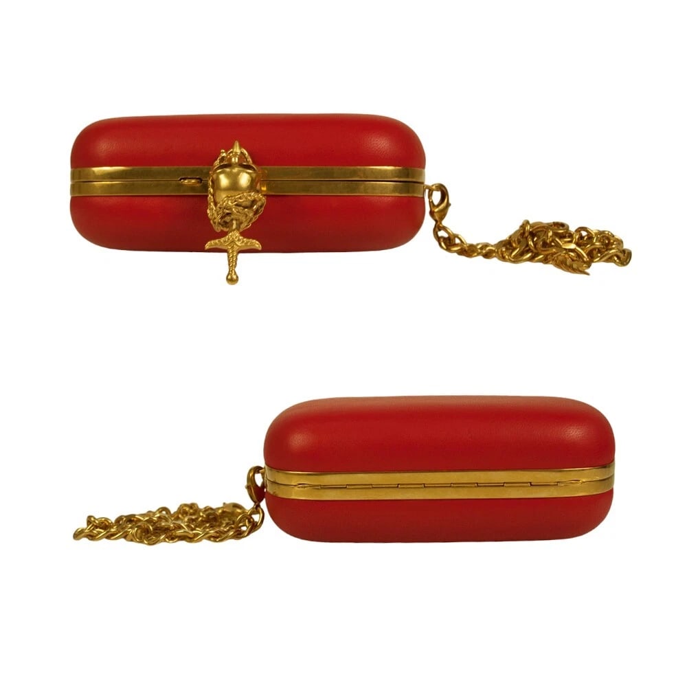 Alexander McQueen Red Leather Crystal Studded Gold Stabbed Skull Clasp Clutch - 4