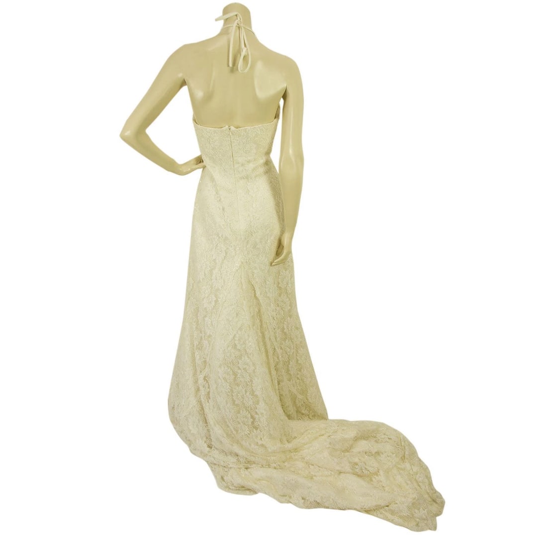 Pronovias White Beaded Floor Length Bridal Wedding Gown Halter Lace Dress 42 It - 2
