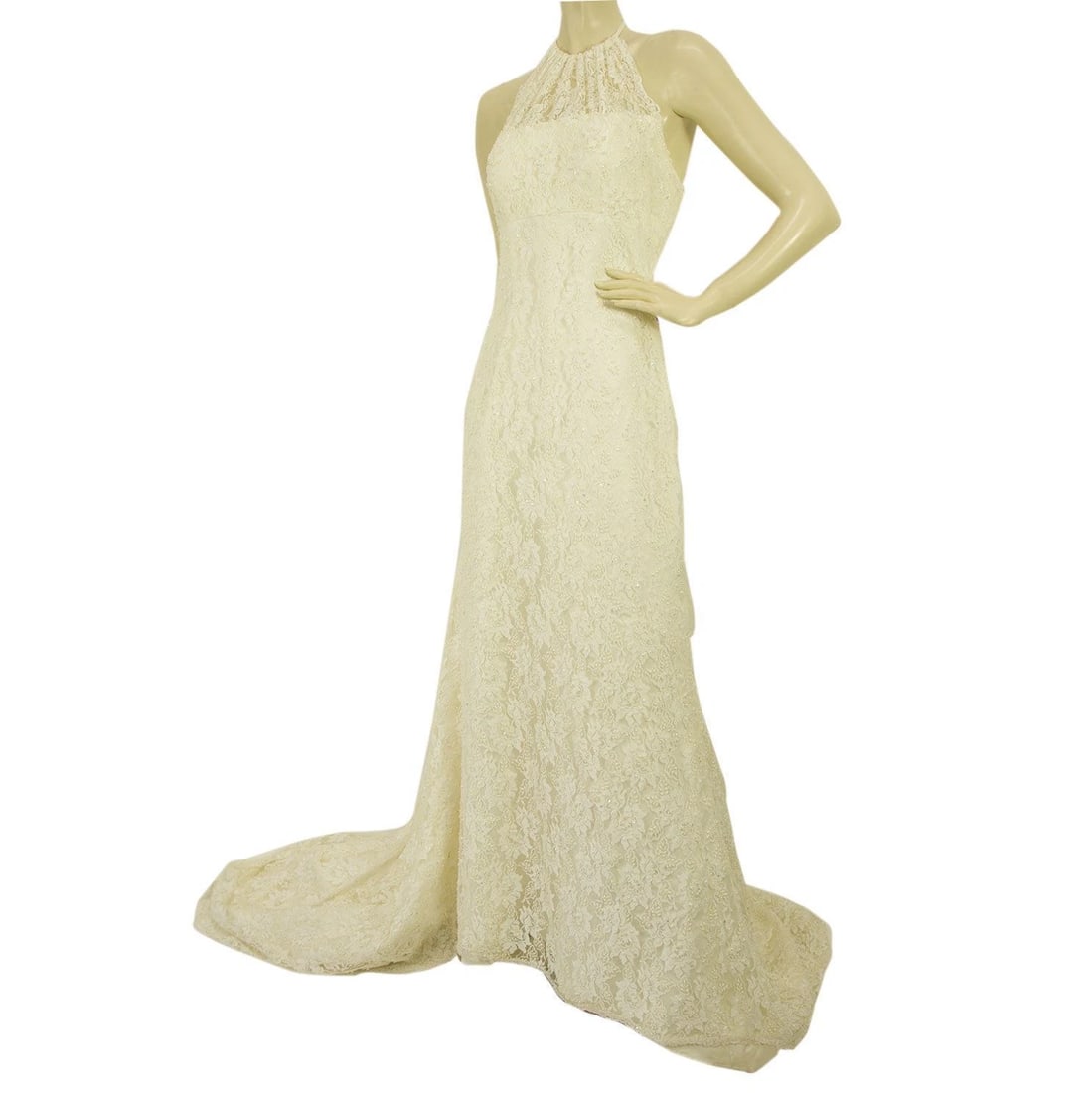 Pronovias White Beaded Floor Length Bridal Wedding Gown Halter Lace Dress 42 It - 3