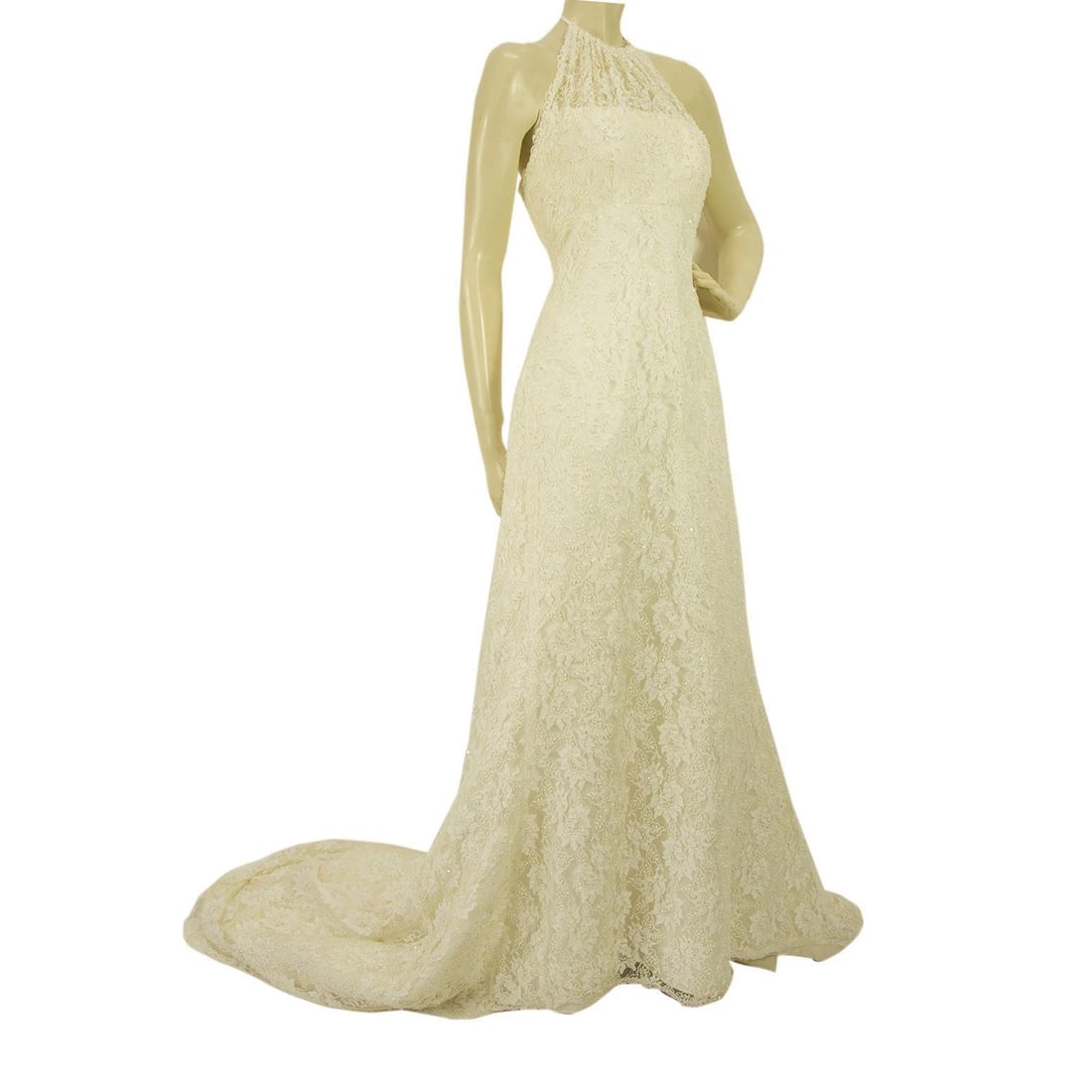 Pronovias White Beaded Floor Length Bridal Wedding Gown Halter Lace Dress 42 It - 4