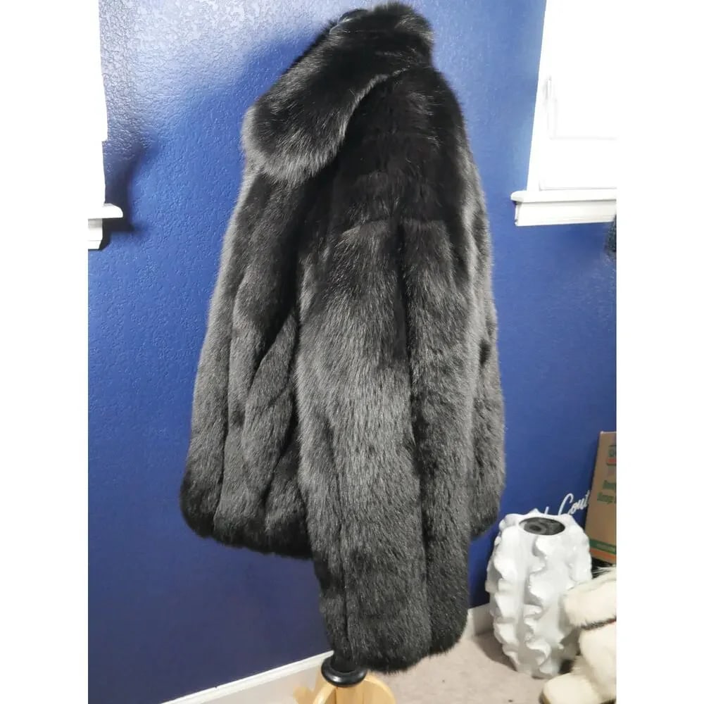 Amazing Designer Mary McFadden Couture Men's Black Fox Fur Coat Jacket - 2