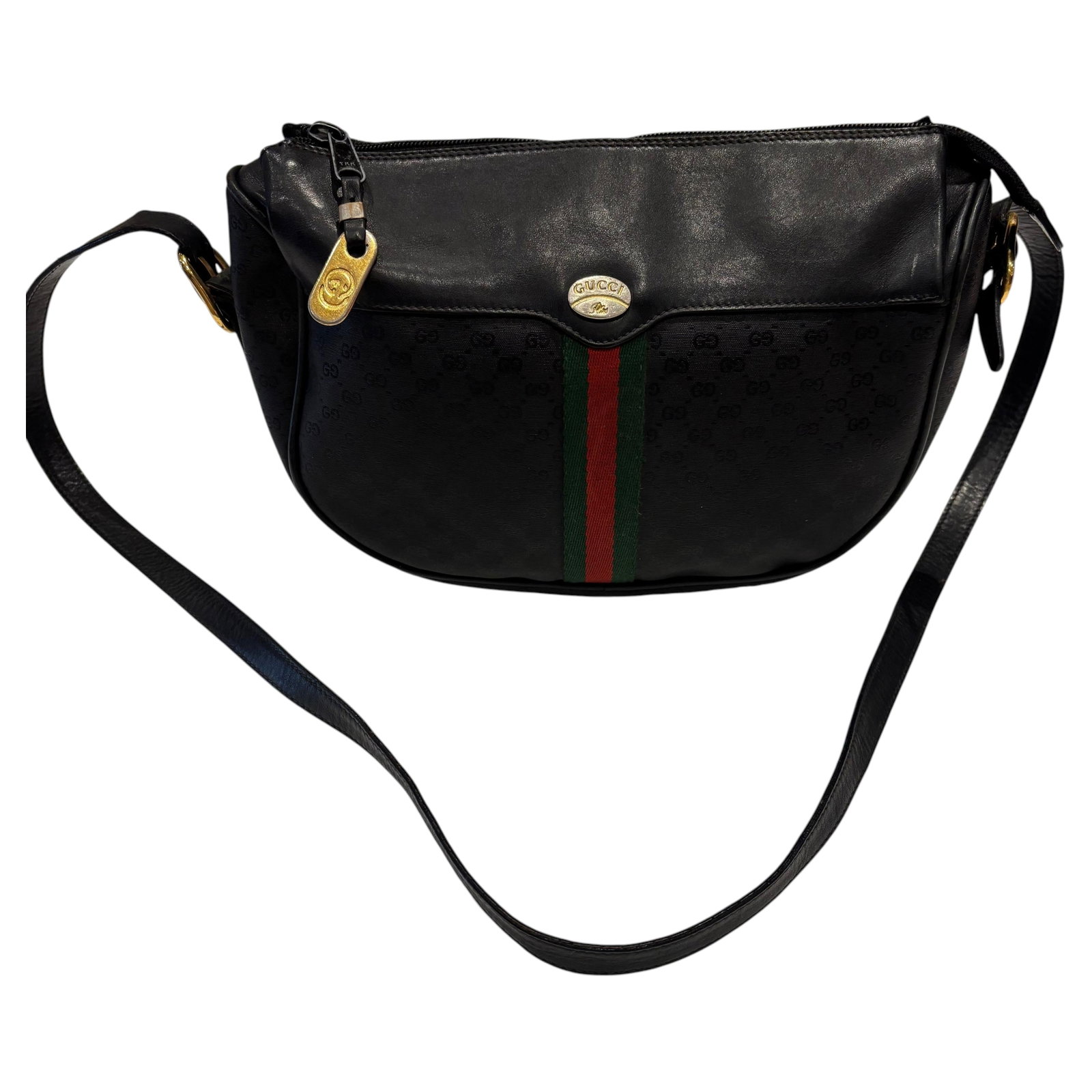 Gucci Vintage Plus Bag Circa Late 1970s Black Canvas Green Red Stripe a Story - 7