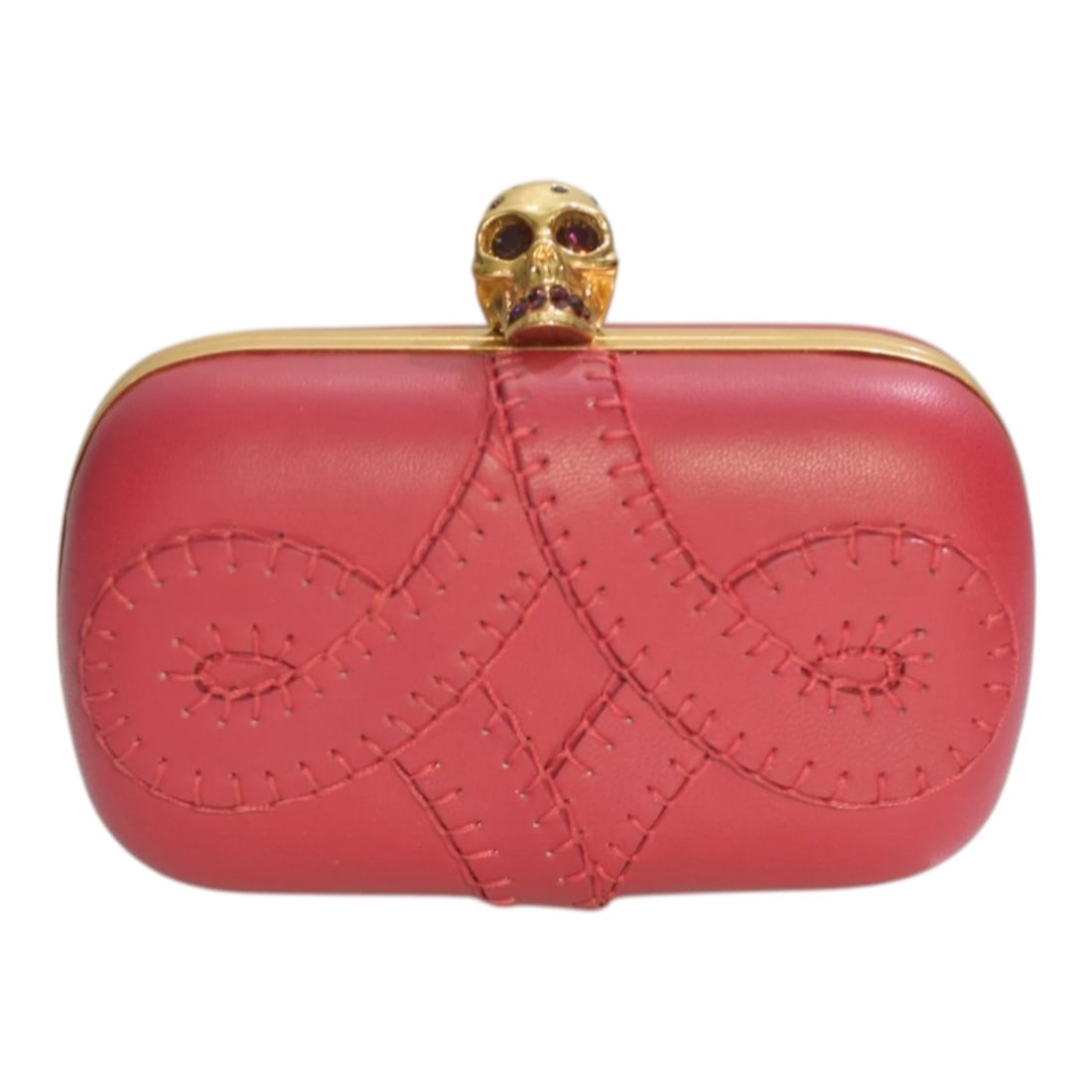 Alexander McQueen Red Leather Crystal Studded Gold Stabbed Skull Clasp Clutch (1 of 14)
