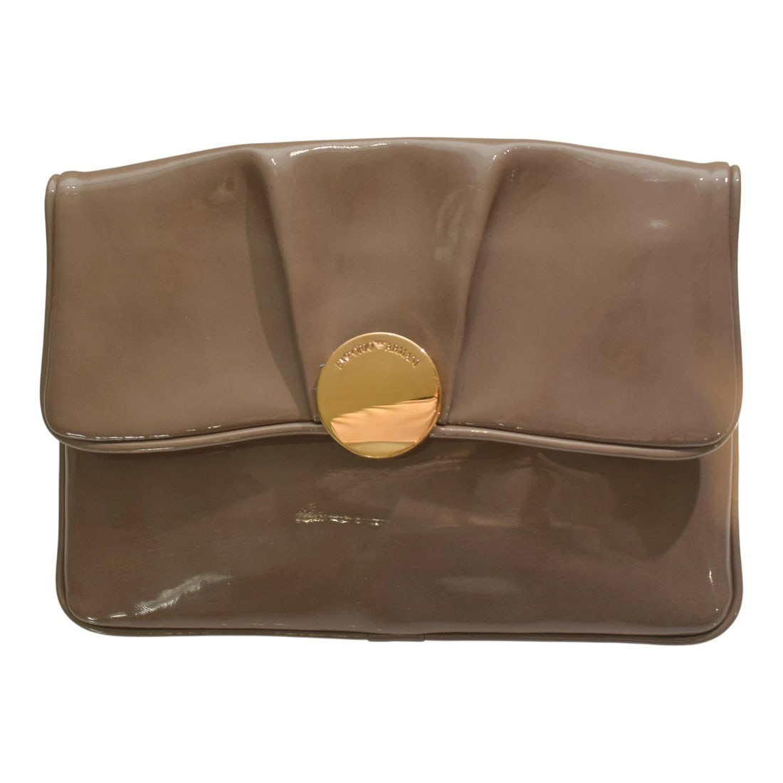 Emporio Armani Taupe Patent Leather Crossbody Clutch Gold Logo Bag (1 of 19)